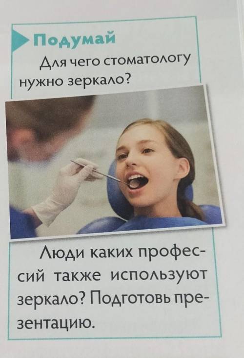 Подумай Для чего стоматологунужно зеркало?Люди каких профес-сий также используютзеркало? Подготовь п