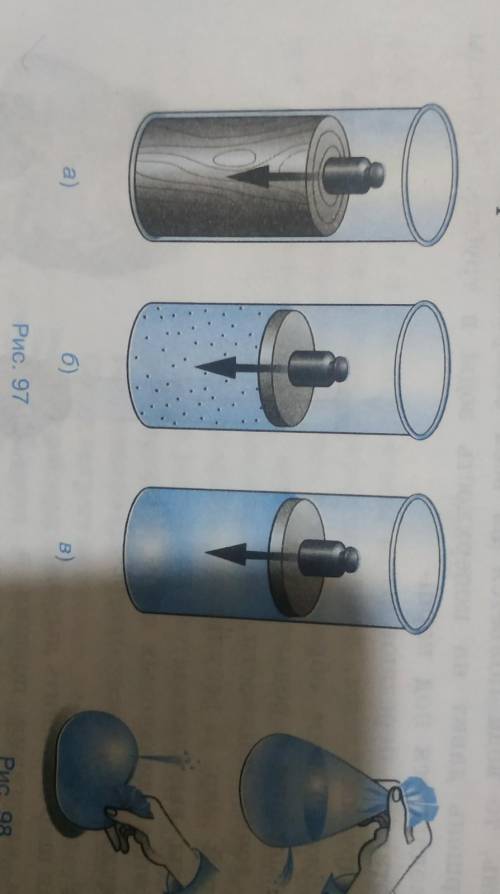 1. По рисунку 97 объясните передачу давления твердым, сыпучим телами и жидкостью. Изобразите стрелка