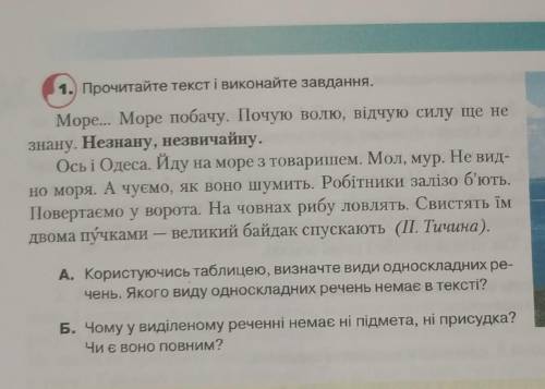 А. Користуючись таблицею, визначте види односкладних ре- чень. Якого виду односкладних речень немає