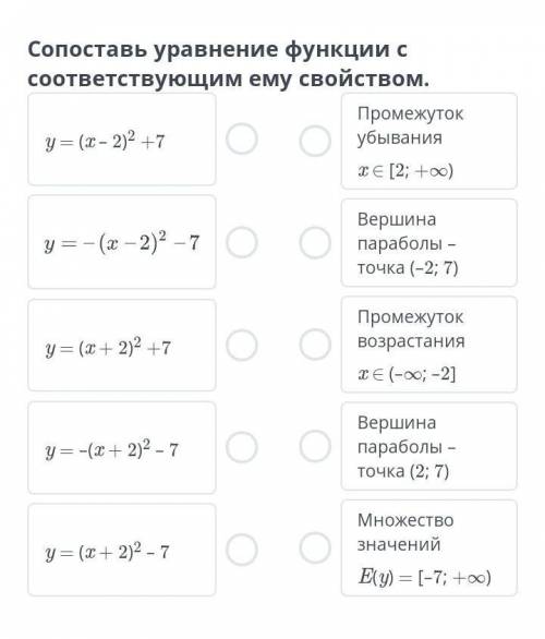 Сопоставь уравнения функции с соответствующим ему свойством​