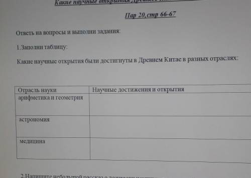 1.Заполни таблицу. Какие научные открытия были достигнуты в Древнем Китае в разных отраслях:Отрасль