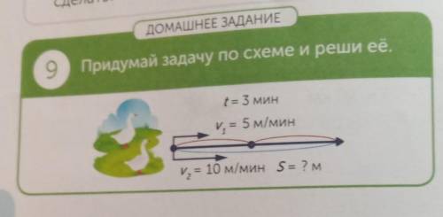 ДОМАШНЕЕ ЗАДАНИЕ 9 Придумай задачу по схеме и реши её.t= 3 минv, = 5 м/минV, = 10 м/мин S= ?м​