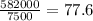 \frac{582000}{7500} =77.6