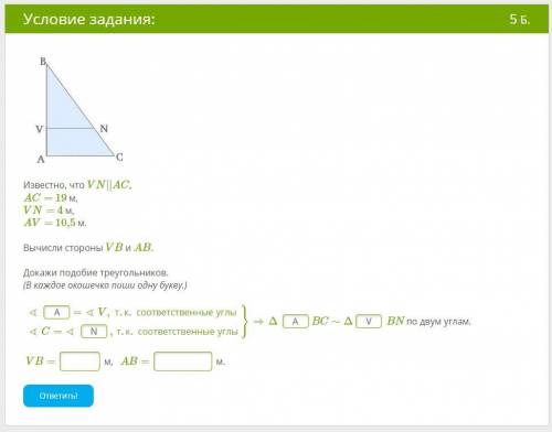 Известно, что VN||AC, AC= 19 м, VN= 4 м, AV= 10,5 м. Вычисли стороны VB и AB.