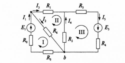 Напишите первый закон Кирхгофа для узла b и второй закон Кирхгофа для контуров 1, 2, 3