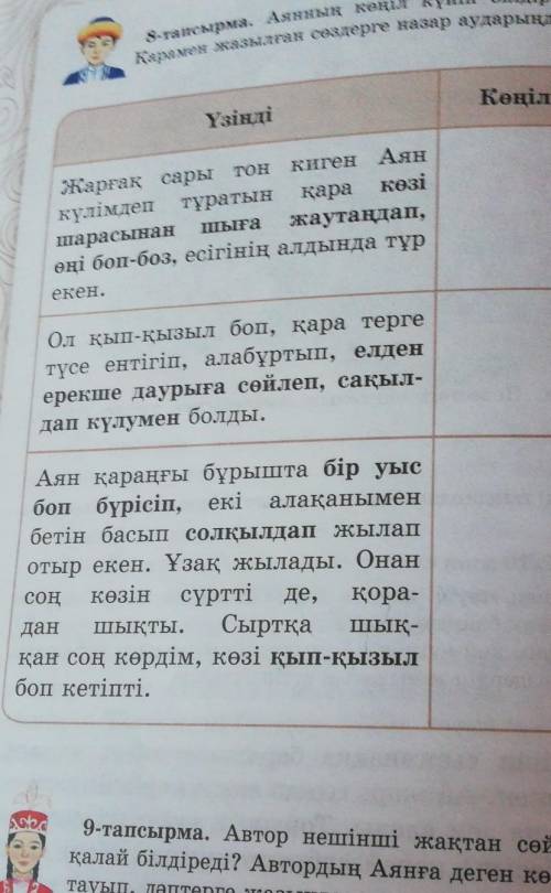 8-тапсырма. Аянның көңіл күйін білдіретін үзінділерді талдаңдар. Қарамен жазылған сөздерге назар ауд