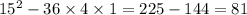 15 ^{2} - 36 \times 4 \times 1 = 225 - 144 = 81