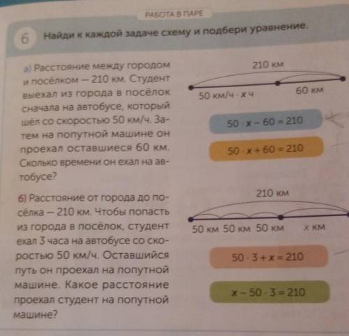 РАБОТА В ПАРЕ 6Найди к каждой задаче схему и подбери уравнение.210 км50 км/ч ху60 кма) Расстояние ме