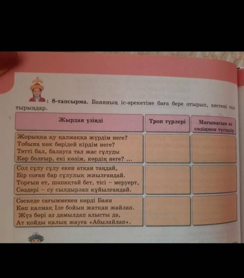 : 8-тапсырма. Баянның іс-әрекетіне баға бере отырып, кесте тырыңдар.Жырдан үзіндіТроп түрлеріМағынас