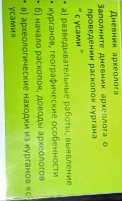 Выполните задания Дневник археологаЗаполните дневник археолога опроведении раскопок курганас усамиа