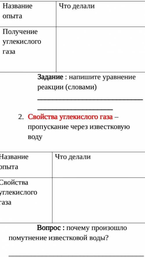 Получение углекислого газа №Название опытаЧто делали Что наблюдалиПолучение углекислого газаЗадание