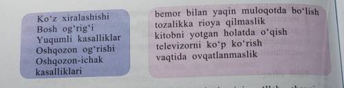 5- mashq. Birinchi ustunda berilgan kasalliklarning sabablarini ikkinchi ustandan topib, gaplarni to