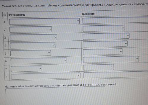 Укажи верные ответы, заполни таблицу «Сравнительная характеристика процессов дыхания и фотосинтеза».