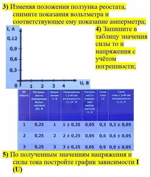 Изменения положения ползунка реостата, снимите показания вольтметра и соответствующие ему показания