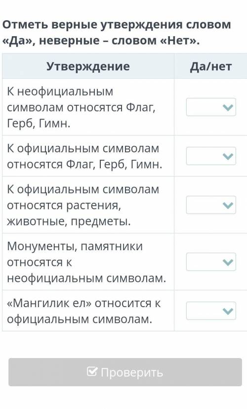 Отметьте верные утверждения слова да неверные словом нет тема символы моей страны​