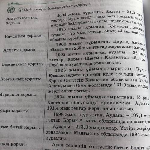 Б) Мәтін мазмұны бойынша сәйкестендіріңдер. 34,3 2004 жылы құрылды. Көлемі мың гектар. Қорық шөлді л