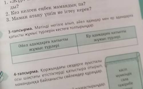 3-тапсырма. Мәтінді негізге алып, әйел адамдар мен ер адамдарға қатысты жұмыс түрлерін кестеге толты