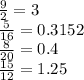 \frac{9}{2} = 3 \\ \frac{5}{16} = 0.3152 \\ \frac{8}{20} = 0.4 \\ \frac{15}{12} = 1.25