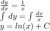 \frac{dy}{dx} = \frac{1}{x} \\\int\limits \: dy = \int\limits \frac{dx}{x} \\ y = ln(x) + C