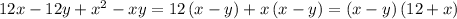 12x-12y+x ^ { 2 } -xy = 12\left(x-y\right)+x\left(x-y\right) = \left(x-y\right)\left(12+x\right)