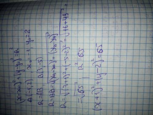 Запишіть рівняння кола з центром у точці а(-1; 2), яке проходить через точку b(3; -5)