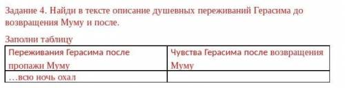 Адание 4. Найди в тексте описание душевных переживаний Герасима до возвращения Муму и после. Заполни