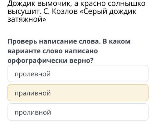 Дождик вымочик, а красно солнышко высушит. С. Козлов «Серый дождик затяжной» Проверь написание слова