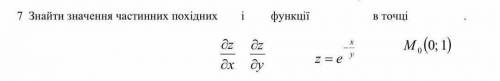 Знайти значення частинних похідних і функції в точці dz/dx dz/dy z=e^x/y M0(0;1)