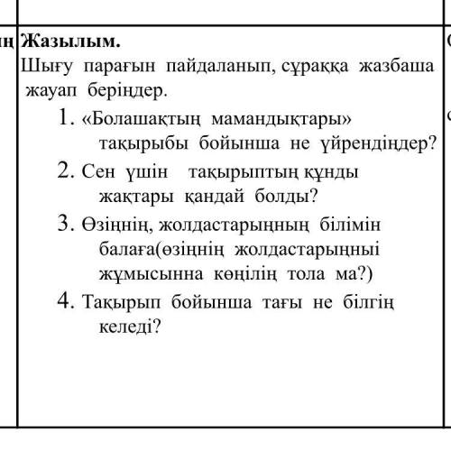 Шығу парағын пайдаланып, сұраққа жазбаша жауап беріңдер. 1. «Болашақтың мамандықтары» тақырыбы бойын