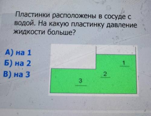 Пластинки расположены в сосуде с водой. На какую пластинку давлениеЖИДКОСТИ больше?A) на 1Б) на 2В)