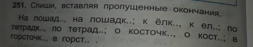 251. Спиши, вставляя пропущенные окончания, На лошад... на лошадк... к ёлк... кел.., noтетрадк... по