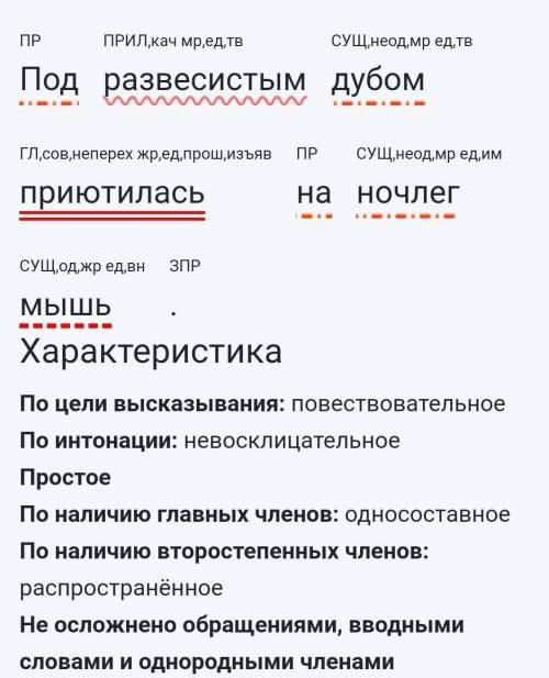 Какой будет синтаксический разбор предложения: Под развесистым дубом приютилась на начлег мышь.