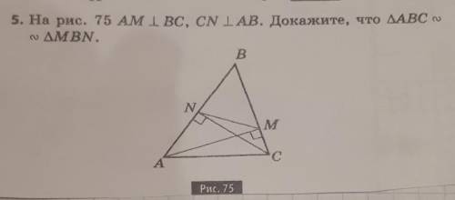 С ДОКАЗАТЕЛЬСТВОМ (8 КЛАСС) 5. На рис. 75 AM _I_ BC, CN _l_ AB. Докажите, что АВС ~ MBN.​