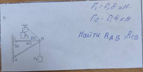 .Определить реакции стержней, удерживающих грузы F1 и F2. Массой стержней пренебречь. F1=0,8 kH ; F2