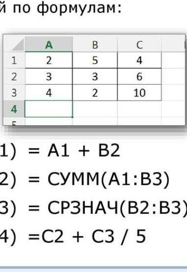 Дан фрагмент электронной таблицы Назовите результаты вычислений По формулам​