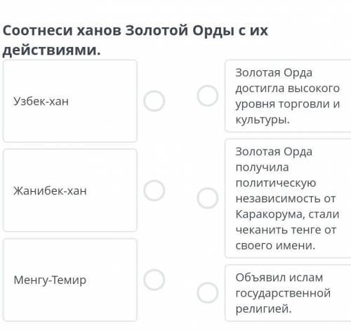 Образование улусов на территории Казахстана. Урок 2Соотнеси ханов Золотой Орды с их действиями​