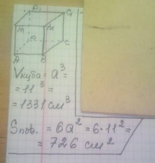 Вычислите обьем и площадь поверхности куба с ребром 11 см​