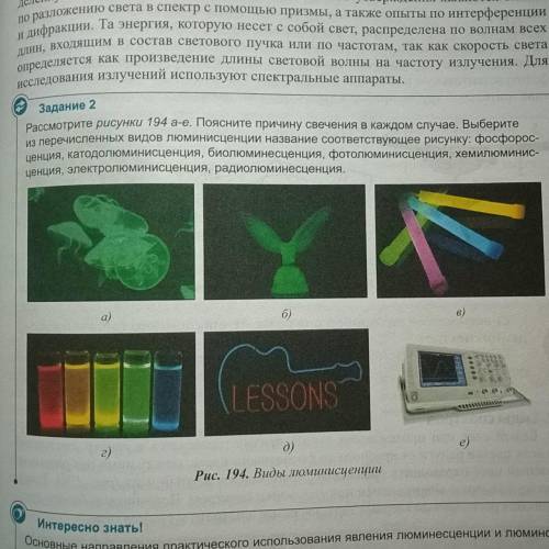 Рассмотрите рисунки а-е. Поясните причину свечения в каждом случае. Выберите из перечисленных видов