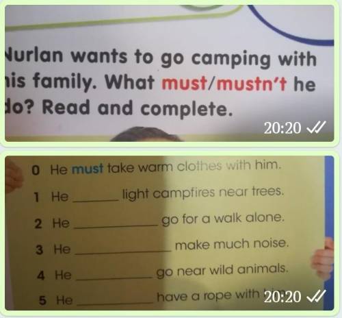 Nurlan wants to go camping with his family. what must /mustn't he do? read and complete. He must tak