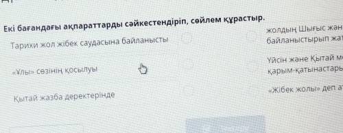 Екі бағандағы ақпараттарды сәйкестендіріп, сөйлем құрастыр. жолдың Шығыс және Батыс өлкелерінТарихи