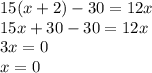 15(x + 2) - 30 = 12x \\ 15x + 30 - 30 = 12x \\ 3x = 0 \\ x = 0