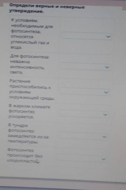 Определи верные и неверные утверждения.К условиям,необходимым дляфотосинтеза,ОТНОСЯТСЯуглекислый газ