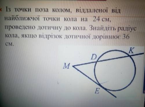 Із точки поза колом, віддаленої від найближчої точки кола на 24 см, проведено дотичну до кола. Знайд