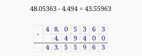 1) 1,2488 + 3,7512; 2) 48,5363 - 4,494;3) 51,0277 - 49,2277;4) 6,5133 + 91;5) 65 - 42,759;6) 41,508