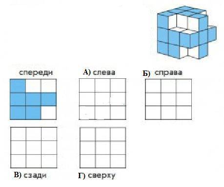 2) Из большого синего кубика Аман вырезал пять маленьких. Как теперь выглядит фигура с разных сторон