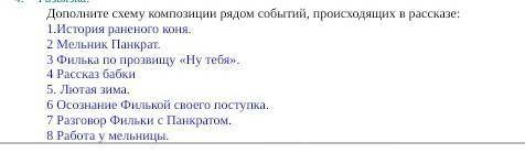 Дополните схему композиции рядом событий, происходящих в рассказе: 1.История раненого коня.2 Мельник