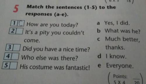 5 Match the sentences (1-5) to theresponses (a-e).1C) How are you today?a Yes, I did.2b What was he?