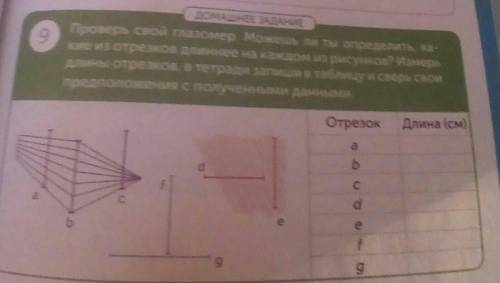 9.Проверь свой глазомер. Можешь ли ты определить, какие из отрезков длиннее на каждом из рисунков? И