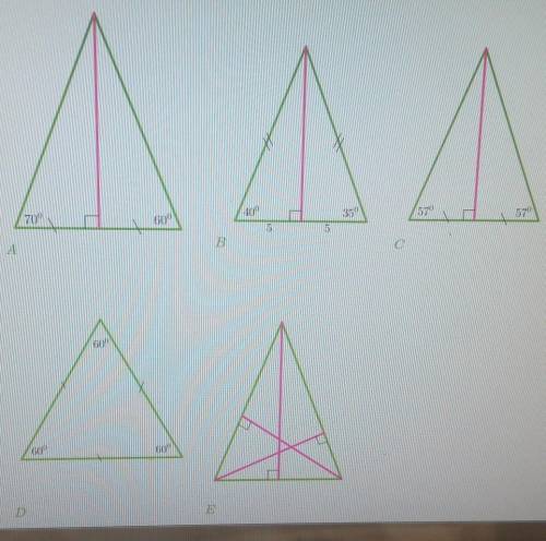 Даны рисунки пяти треугольников, на которых дана некоторая информация об углах и отрезках. На которы