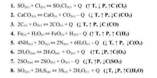 Определите смещение равновесия в следующих реакциях:1) SO2(г) + Cl2(г) ←→ SO2Cl2(г) + Q (↑ T, ↓ P, ↑